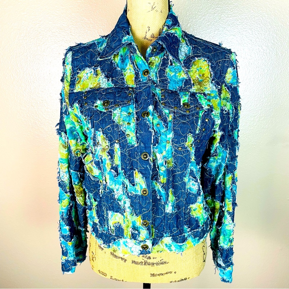 Vintage Cristina R Denim Distressed Denim/Fabric Jacket Blazer Snap Retro 12 Sz